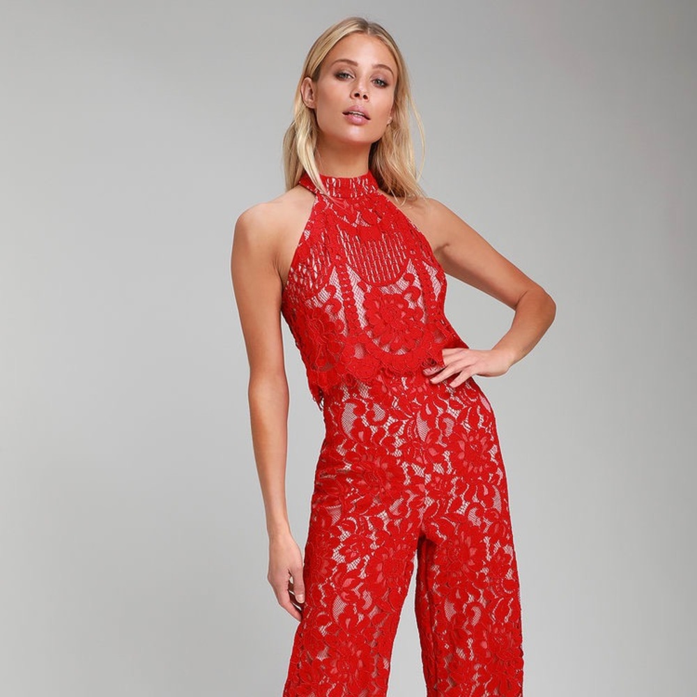 Britney Red Lace Halter Jumpsuit